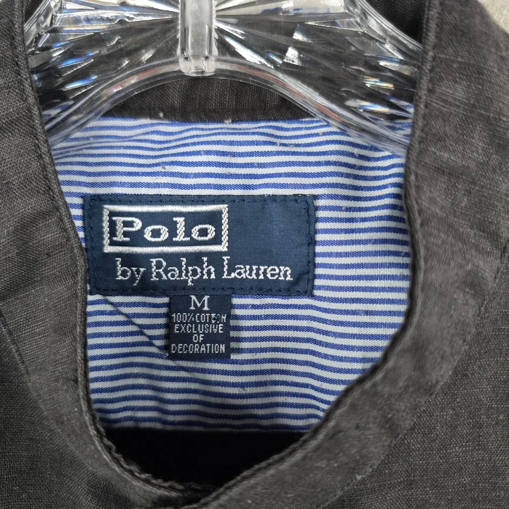 Polo Ralph Lauren Popover Shirt Mens M Black Linen Cotton Band Collar Long Slev